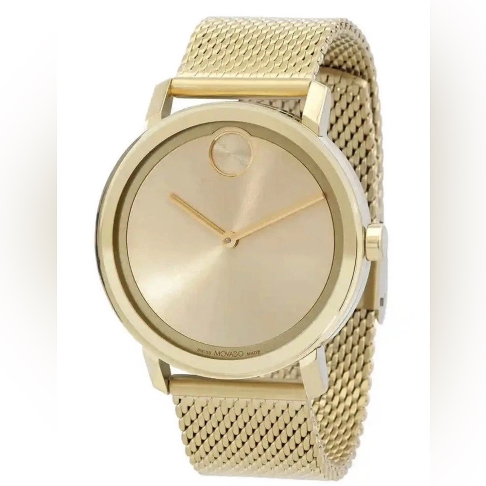 New Movado Bold Evolution Men’s  Gold Dial Gold Mesh Band Watch 3600791